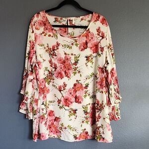 Cato Floral Print Blouse with Accordion Bell Sleeves